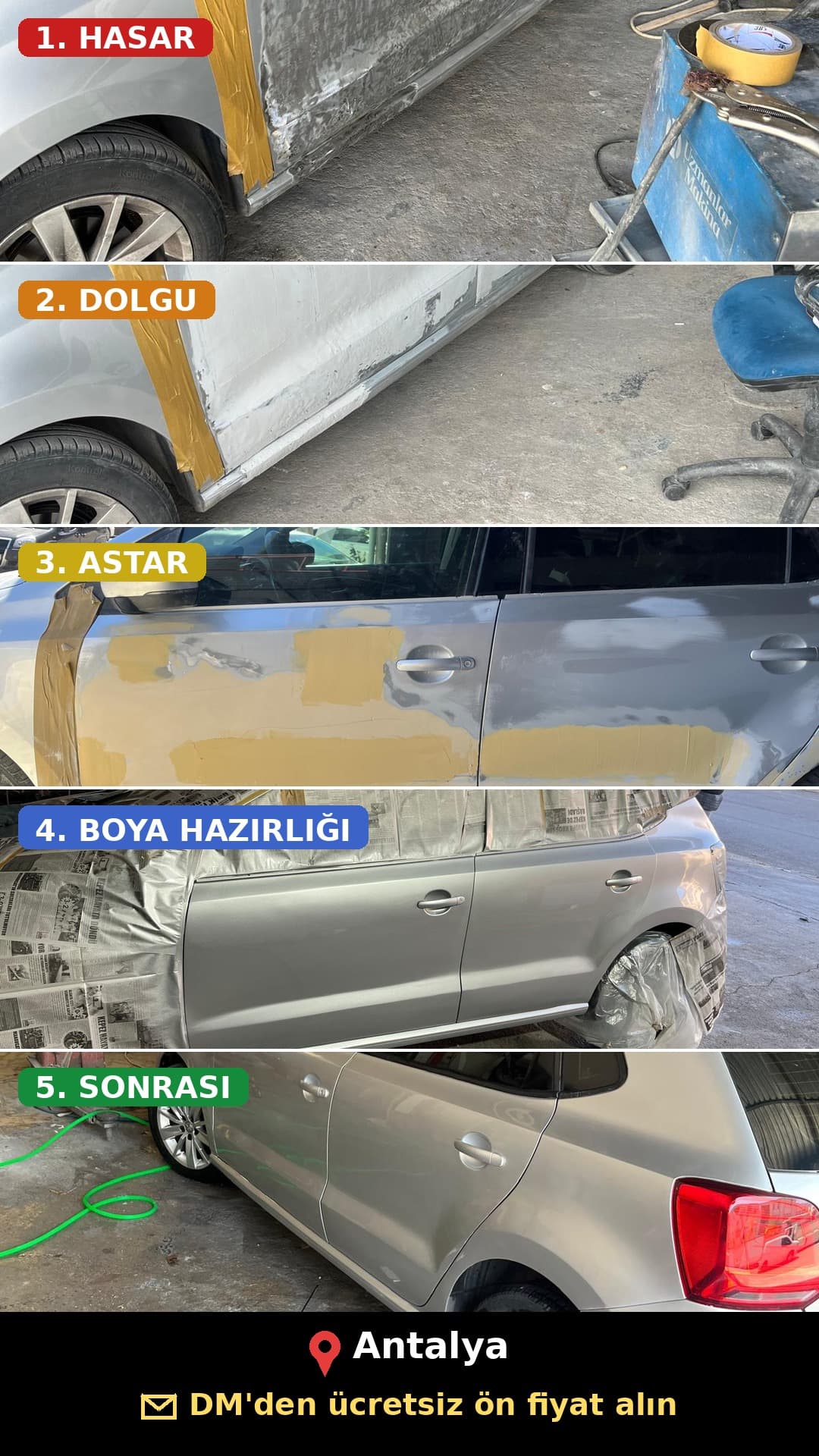 VW Polo hasar onarım süreci - hasar, dolgu, astar, boya, sonrası